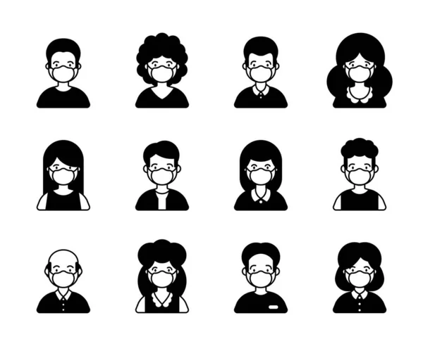 Glyph pictogram set van avatar mensen in medische masker — Stockvector