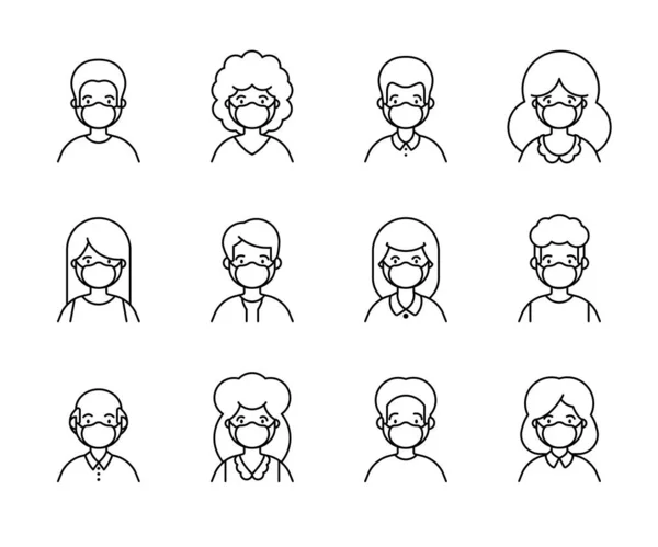 Line outline icon set of avatar people in medical mask — Stock Vector