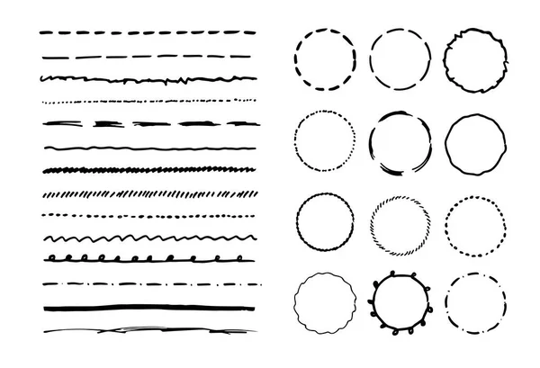 Marqueur ligne vectorielle dessinée à la main jeu de bordure et éléments de conception ronds — Image vectorielle