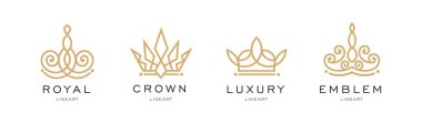 Crown logo şablonları. Şirket, otel, butik, restoran, davetiye, mücevher ve mektup için vektör taç tasarımı. Hipster, kazanan logo. Ödül olayı. Emlak Monogramı Tasarımı
