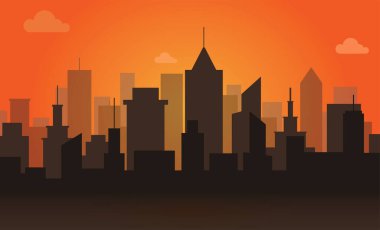 Turuncu gökyüzü arka planında şehir binası manzarası. Vektör çizimi. Skycraper 'lı sanayi caddesi.