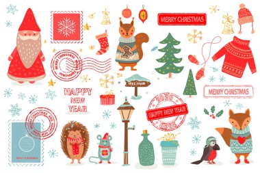 Çizgi film tarzında el çizimi Noel seti. Şirin hayvanların ve diğer elementlerin olduğu komik kart: tilki, fare, sincap, hetchog kuşu, Noel Baba, Noel ağacı, posta pulları. Vektör illüstrasyonu