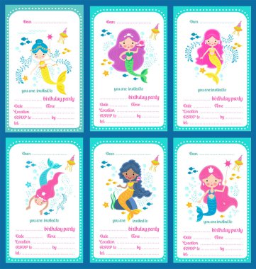 Çocukların doğum günü partisi davetiye şablonu, içinde küçük şirin denizkızları ve metin, vektör illüstrasyonu için bir yer.