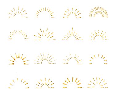 Altın sarısı el tasarımı güneş ışınları tasarımı elementler, yarımlar, patlama, havai fişekler, siyah ışınlar, altın, vektör illüstrasyonu.