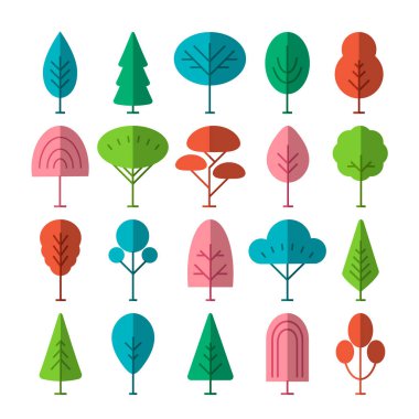 İzole edilmiş düz renkli ağaçlar, orman, park, bahçe ağacı işaretleri koleksiyonu.
