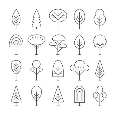 Doğrusal ağaç simgeleri, orman, park ve bahçe ağacı doğrusal işaretler koleksiyonu