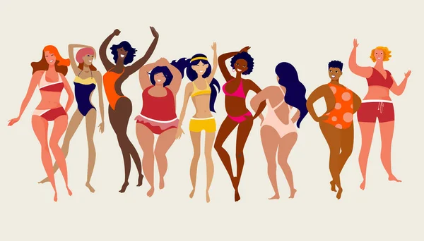 Femmes Multiraciales Taille Type Taille Différents Vêtus Maillots Bain Dansant — Image vectorielle