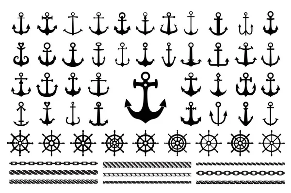 Set Black Icons Sea Theme Anchors Ropes Sea Wheels — Stock Vector