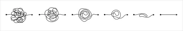 複雑なものから単純なものへの移行の結果として 文字が刻まれた丸い要素を持つ記号の乱雑なねじ記号のラインのセット白い背景ベクトル図 — ストックベクタ