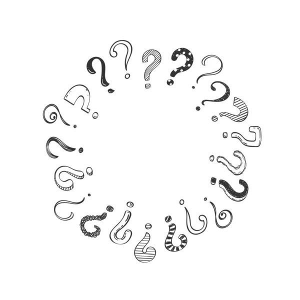 Cirkelframe Van Handgetekende Vraagtekens Doodle Vragen Een Witte Achtergrond Vectorillustratie — Stockvector