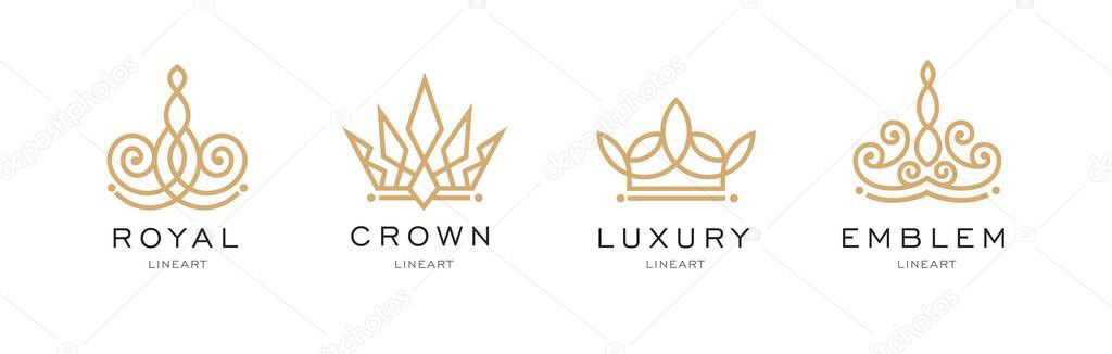 Set of crown logo templates. Vector crown design for business company, hotel, boutique, restaurant, invitation, jewellery, letter. Hipster, winner logo. Award event. Real estate Monogram design