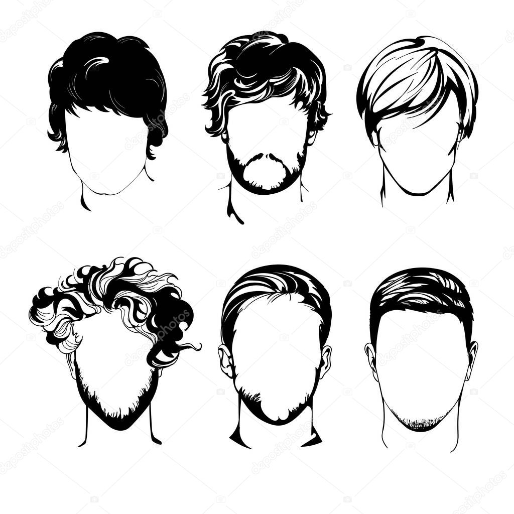 Men hairstyles and faces, men's heads set with beards, vector illustration