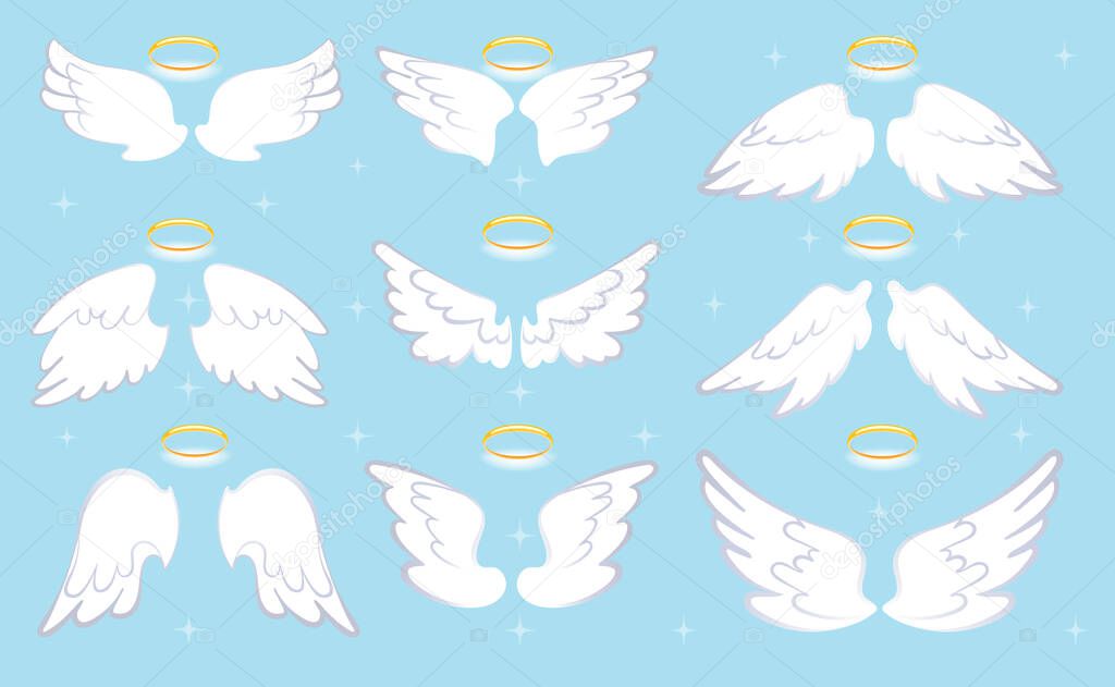 Angel wings set with gold nimbus. Cartoon vector icons isolated on a white background.