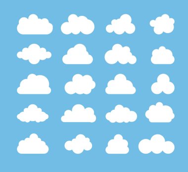 Bulut siluetleri hazır. Mavi arka planda bulut simgesi koleksiyonu. Vektör illüstrasyonu.