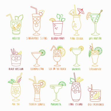 Beyaz arka planda karalamalar, çizimler, el çizimi tarzında izole edilmiş içeceklerin isimleriyle birlikte içecek seti. Vektör illüstrasyonu.