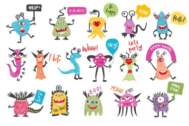 Konuşma baloncuklu el çizimi canavar seti, beyaz arka planda izole edilmiş, çizgi film canavarları, karalama tarzı, vektör çizimi.