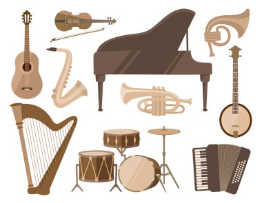 Müzik enstrümanları seti, eski tarz, beyaz arka planda izole edilmiş. Vektör illüstrasyonu