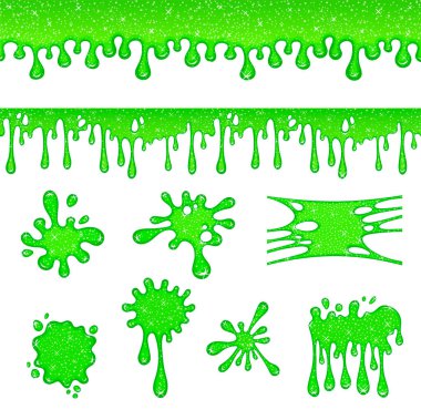 Sümük damlıyor. Yeşil çamur, yapışkan sümük damlaları. Mukus izole vektörü, sıçrama ve damlama, noktalar ve damlalar, sümük ve leke çizimi.