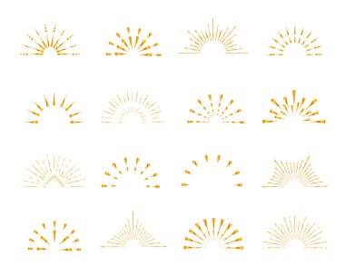 Altın rengi parlak güneş lekeleri, klasik tarz, yarı yarıya, beyaz arka planda izole. Vektör illüstrasyonu.