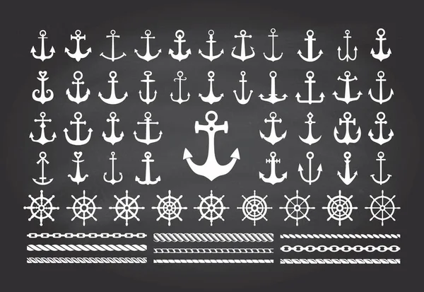 Icon Set Sea Theme Blackbord Background Anchors Ropes Sea Wheels — Stock Vector