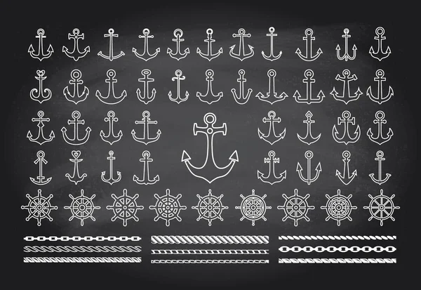 Icon Set Sea Theme Blackbord Background Anchors Ropes Sea Wheels — Stock Vector
