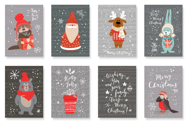 Set Cute Cards Hand Drawn Animals Christmas Greetings Vector Illustration — Stock Vector