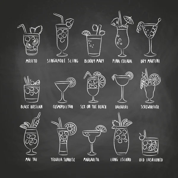 饮料设置与名称的鸡尾酒饮料隔离在黑板背景色涂鸦手绘风格轮廓 矢量说明 — 图库矢量图片