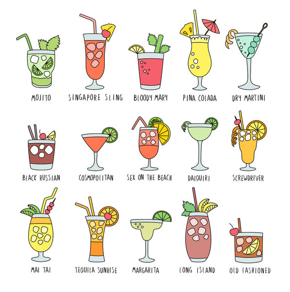 Colorful drinks set with the names of the coctails, isolated on white background, doodles, hand drawn style. Vector illustration.