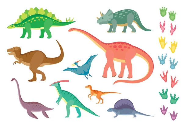 Conjunto Coloridos Dinosaurios Huellas Aislados Sobre Fondo Ingenioso Ilustración Vectorial — Archivo Imágenes Vectoriales