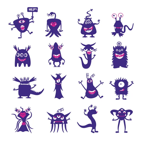 可爱的黑色怪物集合 隔离在白色背景 卡通怪物 涂鸦风格 矢量插图 — 图库矢量图片