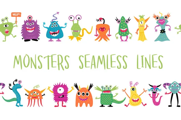 Lindas Líneas Sin Costura Monstruos Dibujados Mano Dibujos Animados Con — Vector de stock