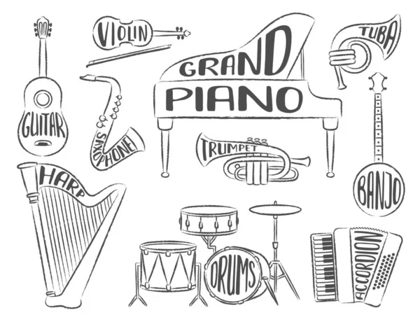 Conjunto Instrumentos Musicales Con Letras Con Los Nombres Los Instrumentos — Archivo Imágenes Vectoriales