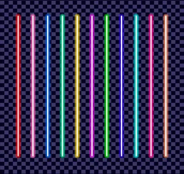 Neon Fırçalar Hazır Şeffaf Karanlık Arkaplanda Renkli Işık Nesneleri Kümesi — Stok Vektör