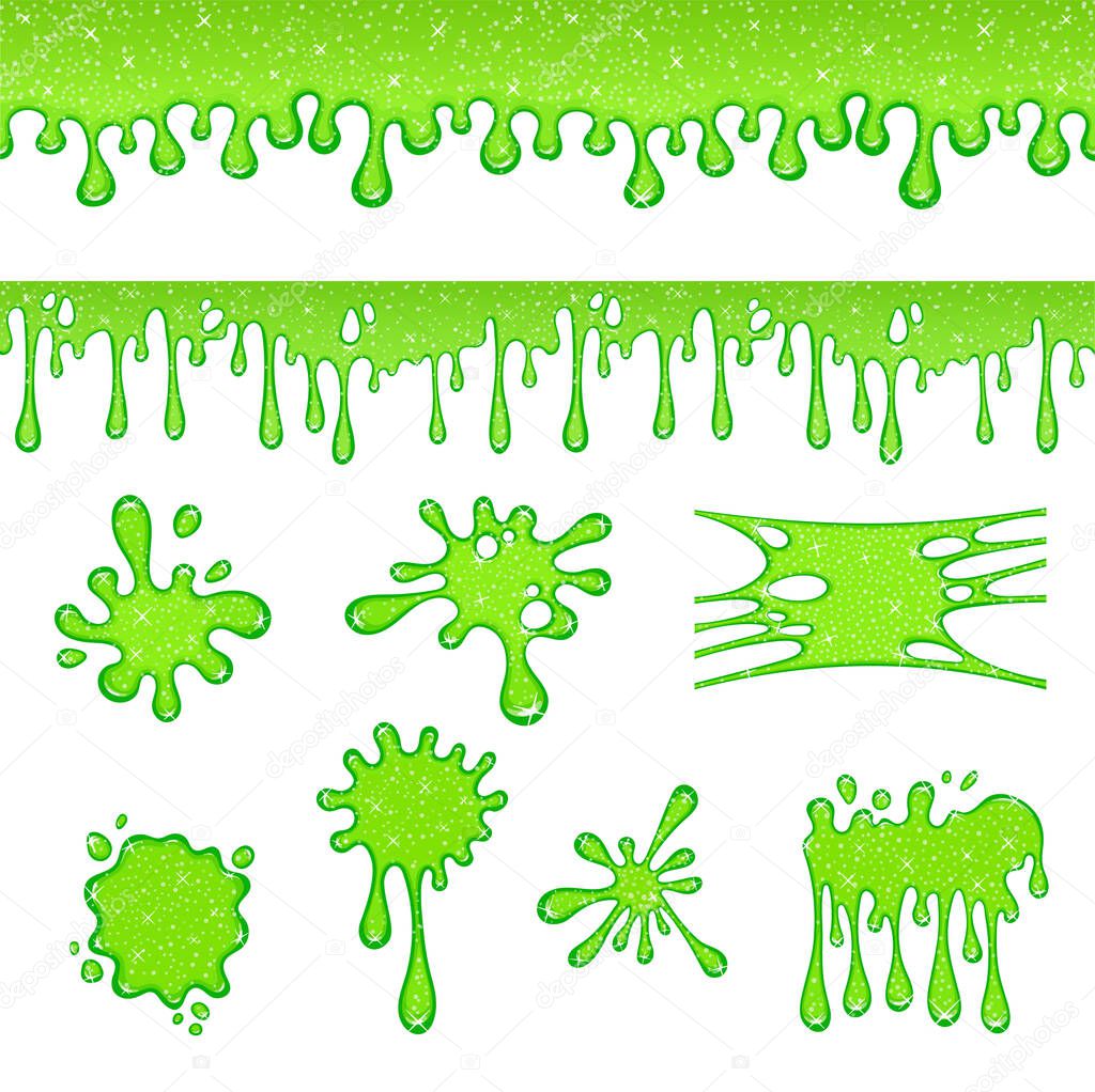 Dripping slime. Green dirt splat, goo dripping splodges of slime. Mucus isolated vector set Illustration of splatter and dribble, spots and drops, slime and blob.