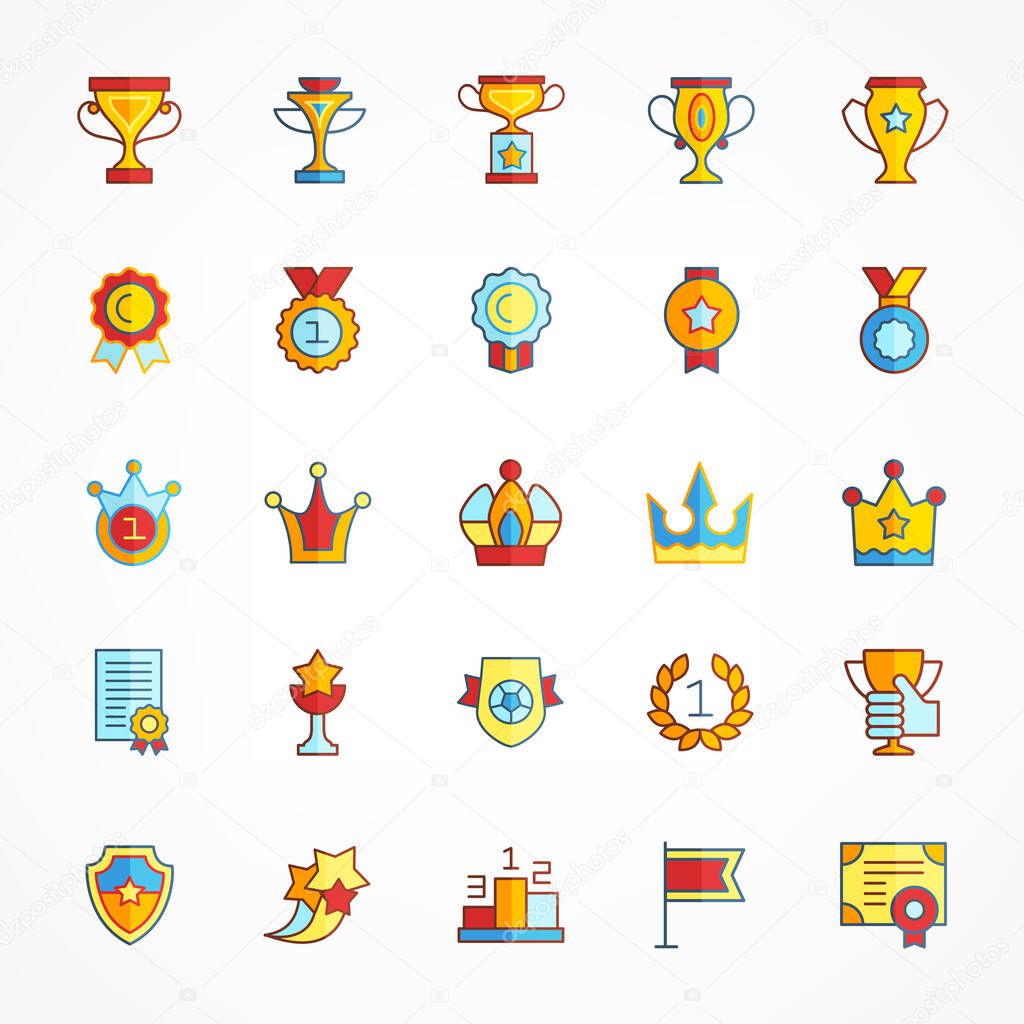 Trophy and awards flat icons set. Vector illustration