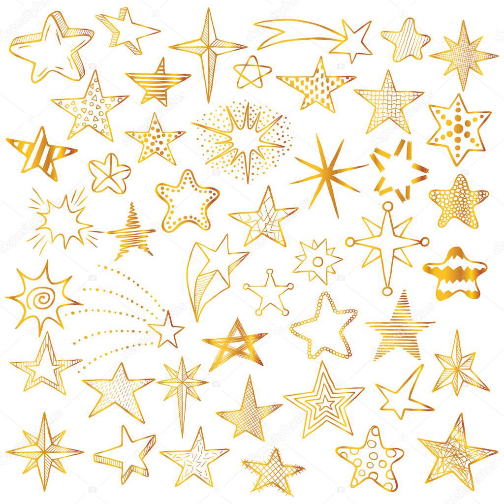 Gold hand drawn doodle stars and comets collection. Kids style skethes. Vector illustration