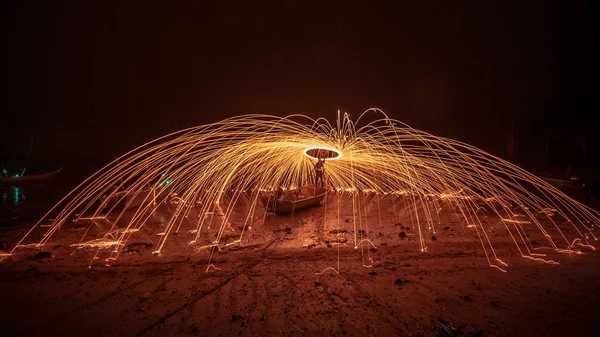 Light Painting Spinning Lit Steel Wool Boat — Stock Photo, Image
