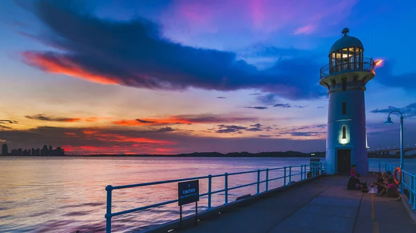 Ein Schöner Blick Auf Den Sonnenuntergang Yachthafen Singapore Stockbild