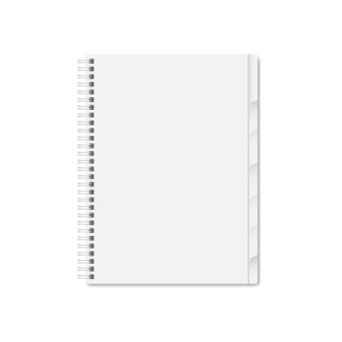 Boş beyaz defter kapağı. Vektör altıncı his 10 'u hazırlıyor. Dikey boş spiral telif defteri, beyaz arkaplan üzerinde sekme bölücü sayfaları olan düzenleyici veya günlük.