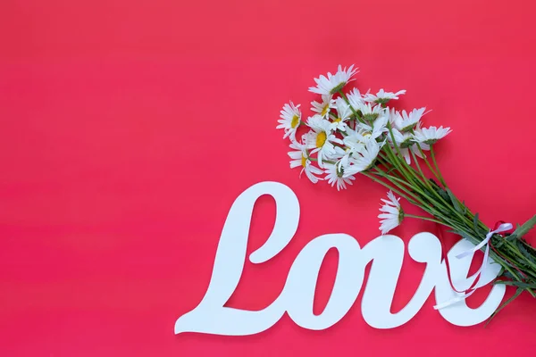 Weiße Buchstaben Die Wortliebe Bilden Geschrieben Mit Kamillenblüten Auf Rosa — Stockfoto