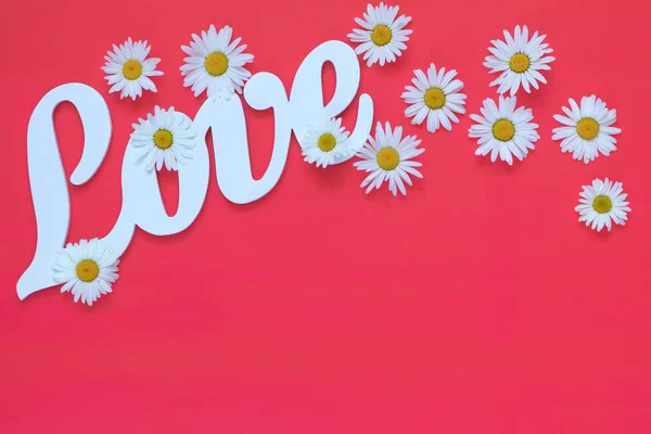 White Letters Forming Word Love Written Chamomile Flowers Pink Background — Stock Photo, Image