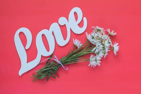 Белые Буквы Образуют Слово Любовь Написанное Ромашками Розовом Фоне День — стоковое фото