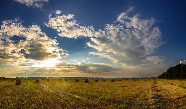 Dramatischer Sonnenuntergang Über Einem Feld Strohballen Auf Feldern Bei Blauem — Stockfoto