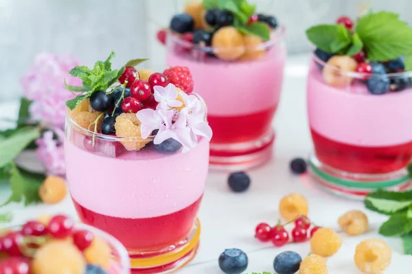 Multivitamin Sommerbeere Köstliche Panacotta Süßspeise Mit Himbeeren Blaubeeren Johannisbeeren Croutons — Stockfoto