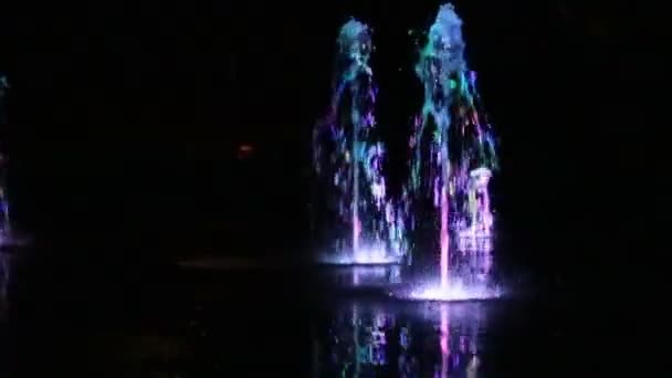 Água Colorida Noite Fonte Dançando Com Luzes Multicolorido Desfoque Fundo — Vídeo de Stock
