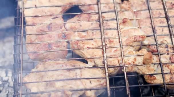 Grillad Fläsk Biffarna Grillen Trädgården Våren Närbild — Stockvideo