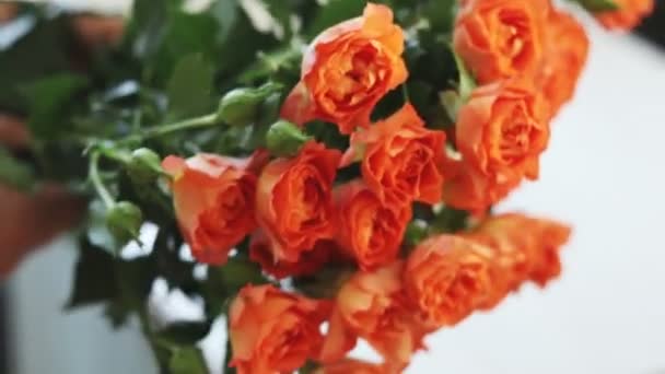 Profissional Artista Floral Mulher Florista Envolve Fita Torno Belo Buquê — Vídeo de Stock