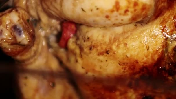 Cooking Roasted Whole Chicken Rotisserie Spit Grilled Oven Browned Chicken — Stock Video