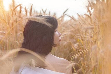 Şirin mutlu güzel kadın bir arka plan günbatımı zamanını, buğday alanının. Alan, tonda ve işleme fotoğraf sığ derinliği.