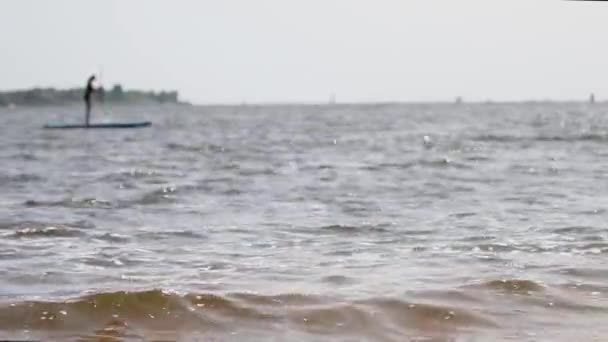 焦点を合わせない川のスタンドアップパドルボーダーサップの長い確立ショット 水観光の概念 美しい夏休みの背景 — ストック動画